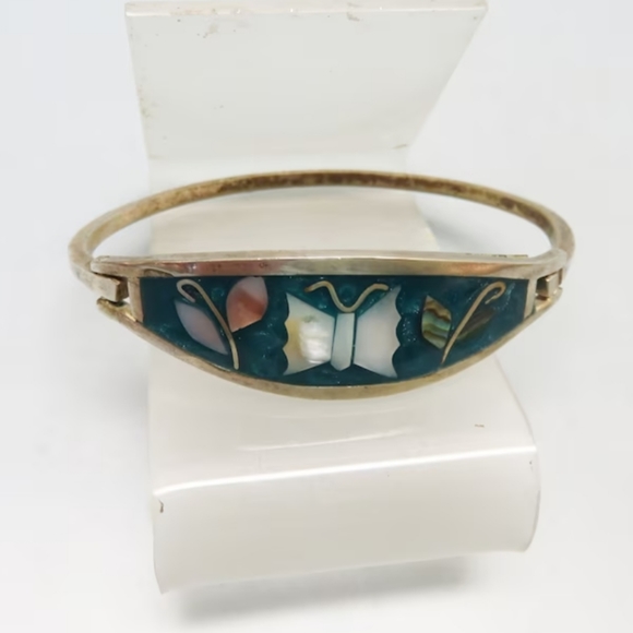 alpaca Jewelry - 1970's MOP and Blue enamel Butterfly Alpaca Silver Hinged Bracelet
